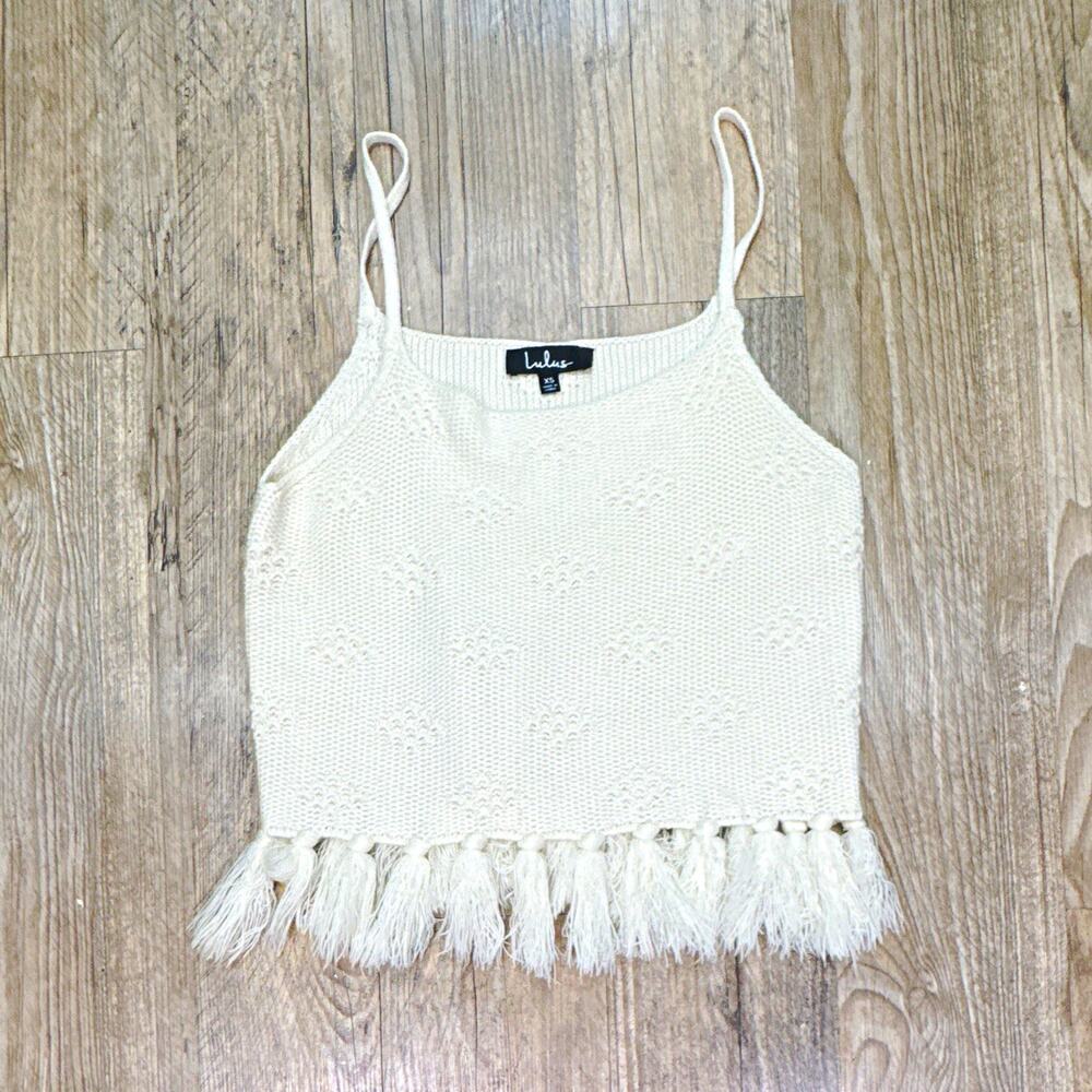 Lulus Ivory Knit Fringe Hem Cropped Tank Top Scoop Neck Spaghetti Straps XS